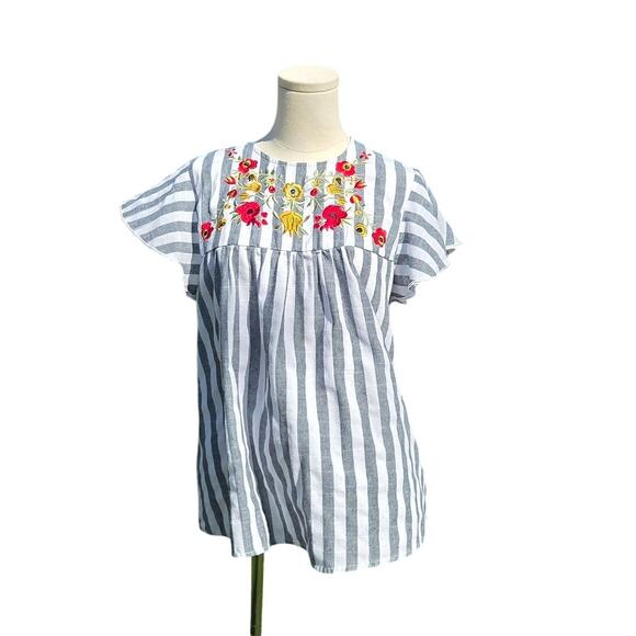 Emery Rose Tops - Emery Rose Flutter Sleeve Blue White Striped Embroidered Floral Blouse Womens L